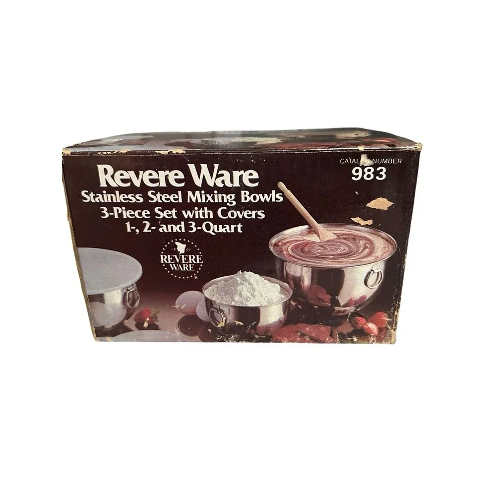 Vintage Revere Ware Stainless Steel Mixing Bowls w/ Lids 3-pc 1, 2,3 QT. New